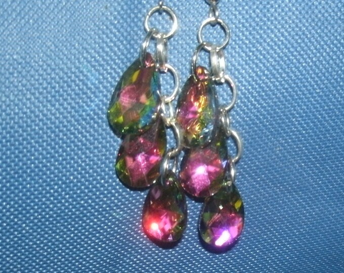 Deep color play Crystal earrings- 3 teardrop vitrail jewel toned crystal beads hung on rings of chain, stainless steel hypoallergenic wires