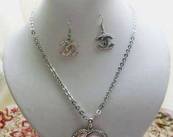 inspired chanel cc parure silver rhinestone handmade jewellery metal