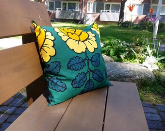 Floral pillow cover from Marimekko fabric Maalaisruusu, modern Scandinavian designer decor, green accent retro throw pillow, cushion cover
