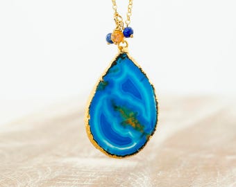 Blue Slice Necklace/Blue Agate Slice Necklace/Geode Slice Necklace/Blue Agate Geode Slice Necklace/Boho Necklace
