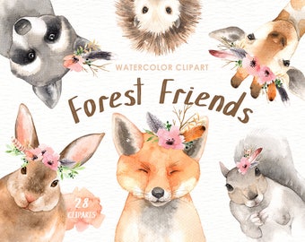 Forest Friends Watercolor Clip Art, Woodland Animals, Kids Clipart, Boho Clipart, Nursery Decor, floral, wreath, deer, rabbit, fox, giraffe