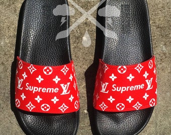 Red Supreme Louis Vuitton Luxury Designer Custom Slides Sandals Flip Flops