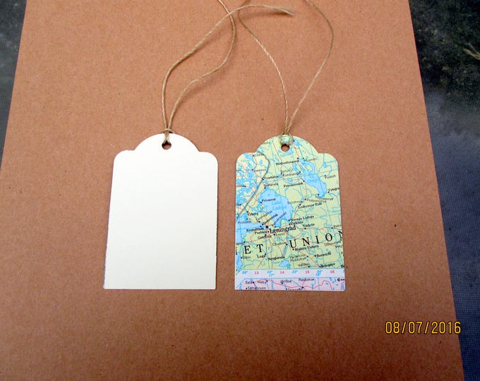 Custom order- for Casey-150 map tags-one side blank- back W/cream craft paper with holes and string-cream twine-handmade-ships 3-5 day
