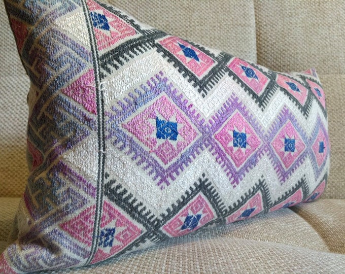 Pearl and Pink Vintage Chinese Wedding Blanket Pillow Cover / Boho Ethnic Miao Dowry Textile / Handwoven Lumbar Cushion Cover