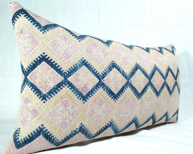 20% OFF SALE Vintage Chinese Wedding Blanket Pillow Cover / Boho Pink Tan Indigo Miao Dowry Textile / Handwoven Lumbar Cushion Cover