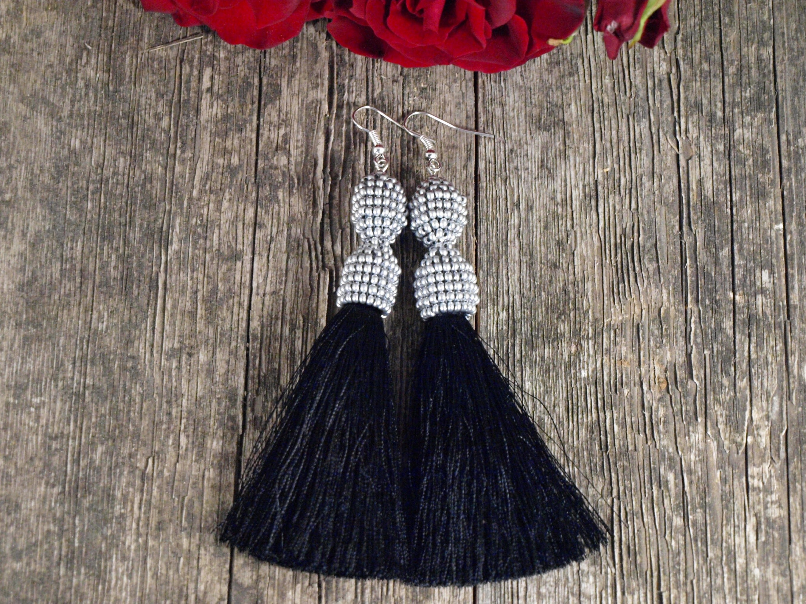 Black beaded tassel earring Textile tassel earring Evening