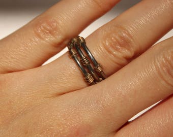 Gold and Sterling Barbed Wire Ring Silver Rare Unique Statement 1990s 90s 14K Rock Gift Present Size 6 or M Sharp Modernist