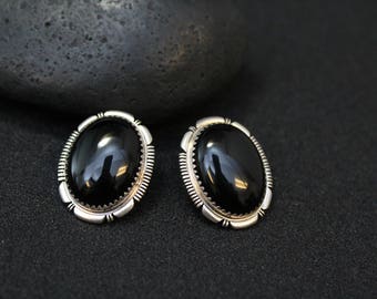 Sterling Silver Signed Native American Black Onyx Oval Earrings, Sterling Oval Navajo Earrings, Native American Onyx Earrings