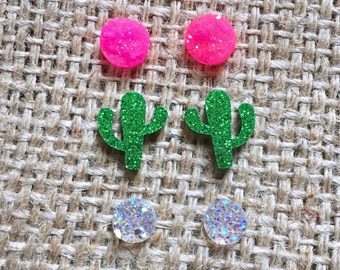 Cactus Earring Set, Green Cactus Studs, Cactus Studs, Cactus Earrings, Druzy Stud Set, Earring Trio Set, Cowgirl Earring Set, Cactus Jewelry