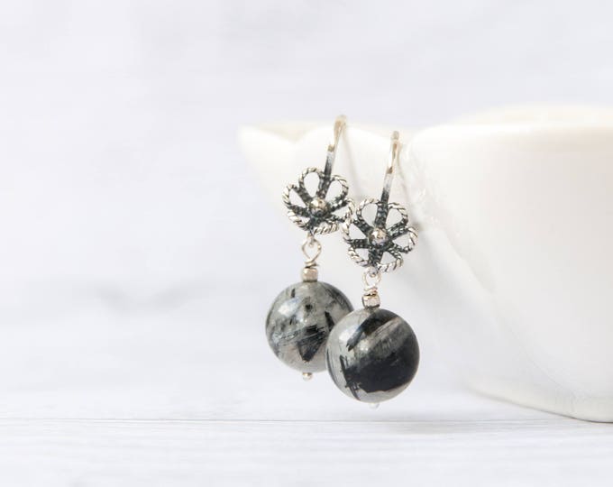 Black and white earrings, Tourmalated quartz jewelry, Asymmetrical earrings, Dark gray stones, Lever back closure
