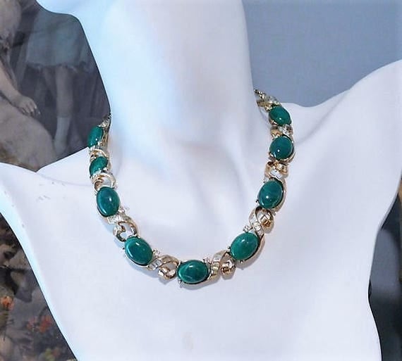 TRIFARI Necklace / Faux Jade Lucite Necklace / Green Cabochon Rhinestone Necklace / 1960s Designer Fashion Necklace