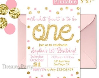 Pink and Gold First Birthday Invitation, Pink and Gold Invitation, Digital File, Printable 1st Birthday Invitation.