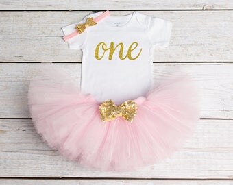 1st Birthday Onesie, First Birthday Tutu, 1st Birthday Outfit, Pink and Gold Birthday Tutu, Sewn Tutu, Gold Glitter Onesie, Cake Smash Tutu