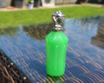Very Luxurious Antique Perfume Bottle of Green Opaline Glass (With Uranium) + Silver Cap. (France/Bohemia) (Approx. 1830-1850)
