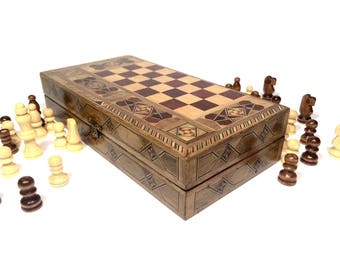 Wooden marquetry chess set, Inlay chess board, Mosaique chess board, Arabian mosaique chess board, Moroccan Syrian Marquetry Chess Set