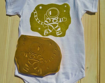 Baby Bodysuit Astronaut, Space Bodysuit, Baby Boy, Baby Girl, Gender Neutral, Shower Gift, Outer Space, Science, NASA, Linoleum Block Print
