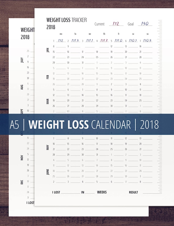 Weight Loss Tracker Calendar 2018 A5 Health Planner Inserts