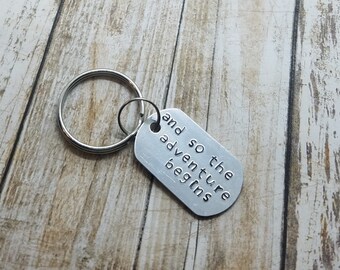 New Beginnings - College Student Gift - Choose Adventure - New Journey - Next Chapter - Metal Stamped Tag - So The Adventure Begins Keychain