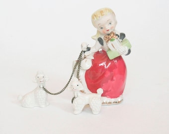 Vintage 1950s Poodle Ceramic - Girl walking Poodles on Leashes - Home Decor - Vanity Table - Metal Chains - Folk Art
