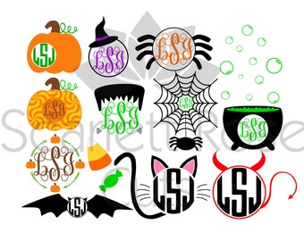 Halloween Monogram Frame SET, spider, witch, black cat, pumpkin, frankenstein, devil, bat SVG cut file for silhouette cameo and cricut