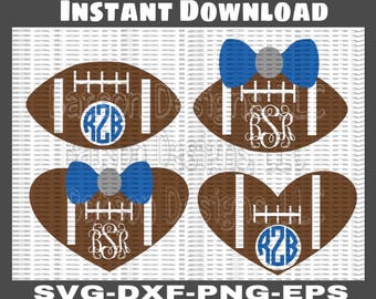 Football Heart Football With Bow Monogram Frames Instant Download for Cutting Machines *Fonts Shown Not Included* | SVG Eps Dxf Png