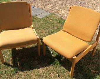 Vintage Ercol Lounge Chairs x2 -Pair of Retro Easy Chairs -Ercol 772 -Light Beech Wood- Mid Century -Yellow Fabric-