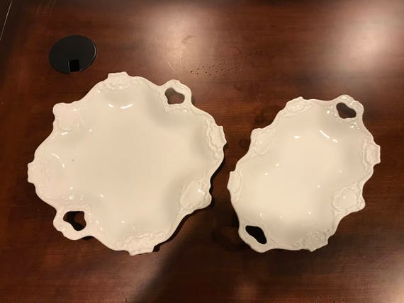 Rare pair of matching vintage AK Kaiser white porcelain handled scalloped embossed serving plates/trays/platters