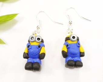 These earrings cute character inspired blue minion child fimo unusual original gift idea