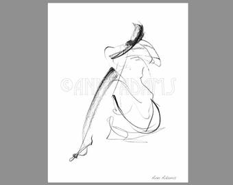 007 Abstract Figure Drawing, Minimalist art, Ink Print from My Original Pencil Artwork by Ann Adams