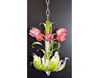 Vintage Toleware Red Tulip Flower 4 Light Chandelier Hand Painted Tole