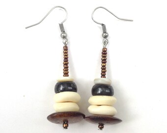 Wood and Bone Dangle Earrings; Dark Brown Wooden Disk Beads, Ivory Bone Beads, Bronze Seed Beads; Rustic, Earthy, Handmade, Natural Wood