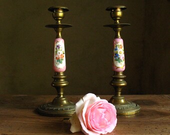 19th century Napoleon III fire-gilt bronze and porcelain de Limoges candle holders