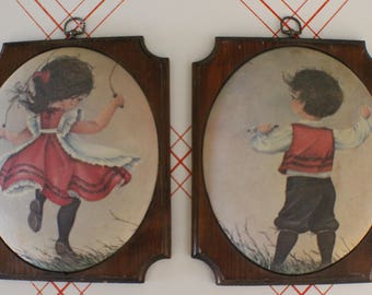 Beautiful Matching Convex Wall Paintings / Girl Jumping Rope and Boy Flying Kite / Red Dress & Red Vest