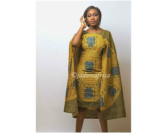 African print cape dress / African dresses / African midi dress / African clothing / Ankara midi dress / African print dress for women