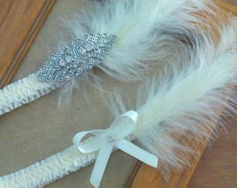 Great Gatsby Garter Set, Great Gatsby Wedding, Art Decp Garters Set Feather Garter Ivory Bridal Garter, Wedding Garter Set Rhinestone Garter