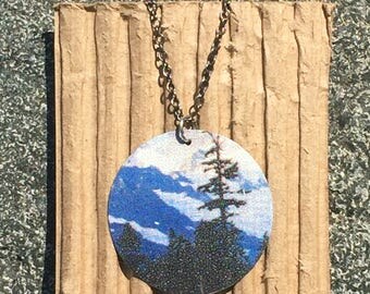 landscape pendant, tree pendant, vintage tin pendant, upcycled pendant, homemade pendant