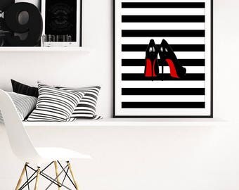 Louboutin Art Print, High Heels Print, Black Red White Art, Fashion Shoes Art, Modern Art, Wall Art, Home Decor, Printable Art, Stripes
