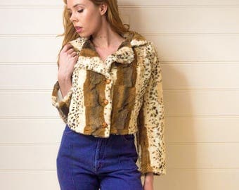 Vintage fur jacket, Faux fur jacket, Animal print jacket, Womens jacket, Vintage jacket