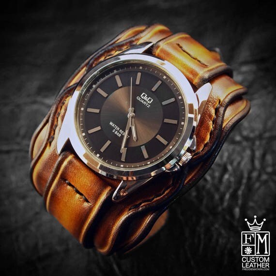 Leather cuff watch western sunburst wide layered Brown watch band cuff Bracelet Handmade for YOU in NYC by Freddie Matara