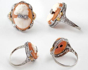 Diamond Cameo Ring: 10k white gold filigree setting, roman goddess Diana, Artemis, 1920s Art Deco jewelry, pink and green gold, size 6.5
