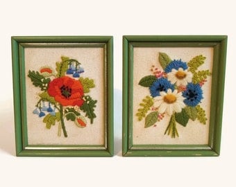 Pair of Two Vintage Framed Floral Crewel Embroideries