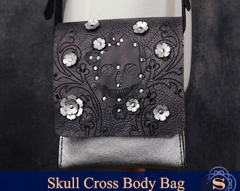 skull satchel, satchel handbags, leather satchel bag, silver stud, small messenger bag, custom satchel, silver shoulder bag, glam,