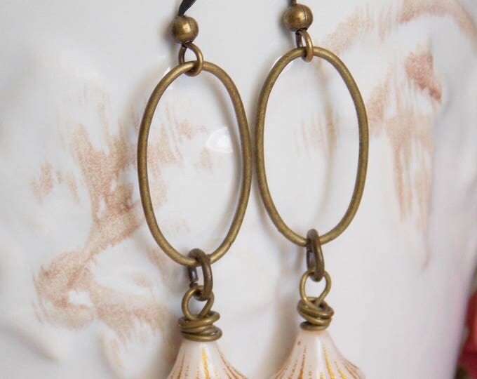 Flower Earrings Ivory Czech Bells Boho Chic Antique Brass Rustic Woodland Dainty Long Light Earthy Earrings Gift Rustic Jewelry