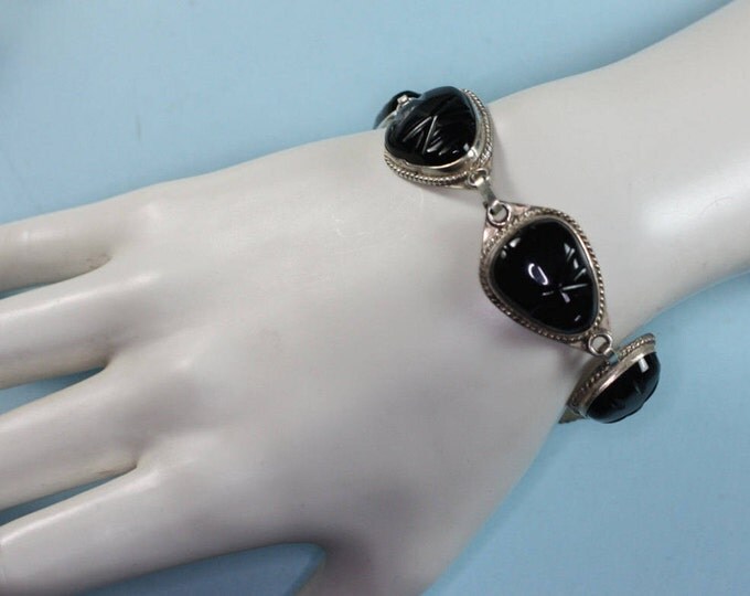 Black Glass Face Mask Bracelet Sterling Links Tribal Boho Vintage