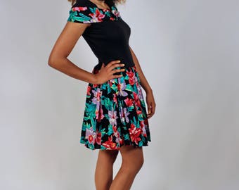 Vintage 1980's Off The Shoulder Floral Drop Waist Party Dress