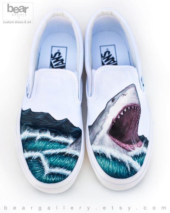Custom Painted Vans Shark Shoes Hand Painted Great White