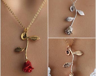 Original Beauty and the Beast Rose Necklace, Silver Rose Necklace,Anniversary Gift, Personalized Bridesmaid gift, Initial Necklace
