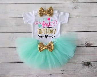 1st birthday girl outfit 1st birthday outfit Mint and Gold outfit Gold Bow- Cake Smash - 1st Birthday Girl Outfit- First Birthday Outfit