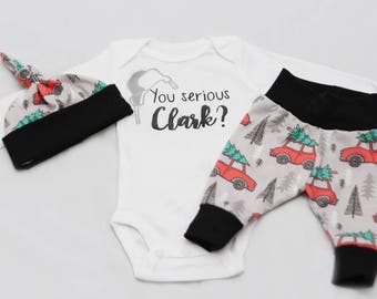 You Serious Clark?,Christmas Newborn Coming Home Outfit, baby boy coming home outfit-Jersey knit Leggings, Knot Hat, and Bodysuit