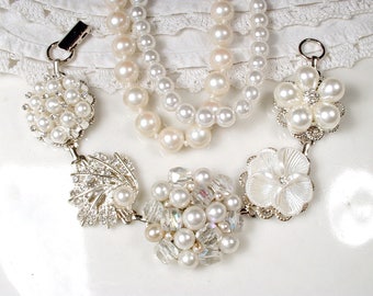 OOAK Vintage Ivory Pearl Rhinestone Bridal Bracelet,Silver Vintage Cluster Earring Bracelet,Vintage Modern Wedding Something Old Shower Gift